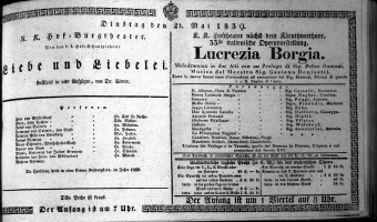 Theaterzettel (Oper und Burgtheater in Wien) 18390521 Seite: 1