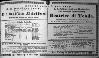 Theaterzettel (Oper und Burgtheater in Wien) 18390606 Seite: 1