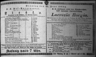 Theaterzettel (Oper und Burgtheater in Wien) 18390623 Seite: 1