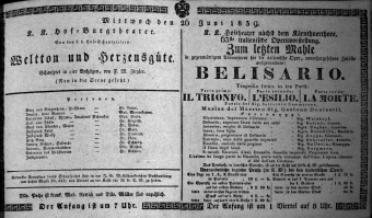 Theaterzettel (Oper und Burgtheater in Wien) 18390626 Seite: 1