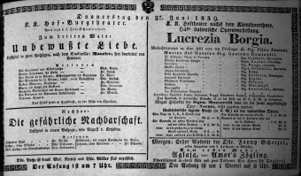 Theaterzettel (Oper und Burgtheater in Wien) 18390627 Seite: 1