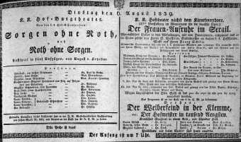 Theaterzettel (Oper und Burgtheater in Wien) 18390806 Seite: 1