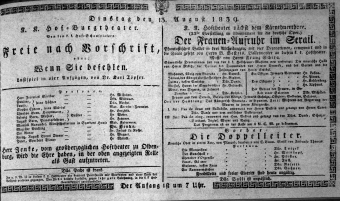 Theaterzettel (Oper und Burgtheater in Wien) 18390813 Seite: 1