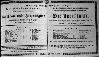 Theaterzettel (Oper und Burgtheater in Wien) 18390826 Seite: 1