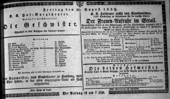 Theaterzettel (Oper und Burgtheater in Wien) 18390830 Seite: 1