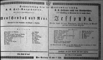 Theaterzettel (Oper und Burgtheater in Wien) 18390912 Seite: 1