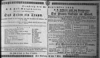 Theaterzettel (Oper und Burgtheater in Wien) 18390921 Seite: 1