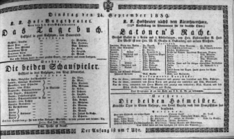 Theaterzettel (Oper und Burgtheater in Wien) 18390924 Seite: 1