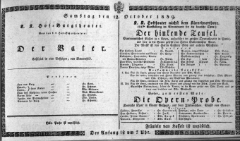 Theaterzettel (Oper und Burgtheater in Wien) 18391012 Seite: 1
