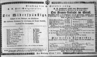 Theaterzettel (Oper und Burgtheater in Wien) 18391015 Seite: 1