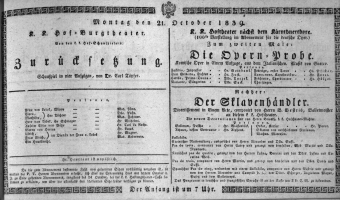 Theaterzettel (Oper und Burgtheater in Wien) 18391021 Seite: 1