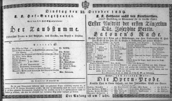 Theaterzettel (Oper und Burgtheater in Wien) 18391022 Seite: 1