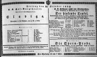 Theaterzettel (Oper und Burgtheater in Wien) 18391025 Seite: 1