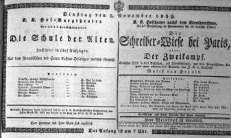 Theaterzettel (Oper und Burgtheater in Wien) 18391105 Seite: 1
