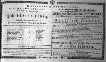 Theaterzettel (Oper und Burgtheater in Wien) 18391113 Seite: 1