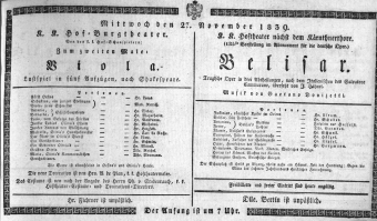 Theaterzettel (Oper und Burgtheater in Wien) 18391127 Seite: 1