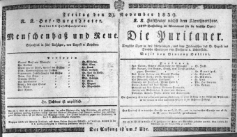 Theaterzettel (Oper und Burgtheater in Wien) 18391129 Seite: 1