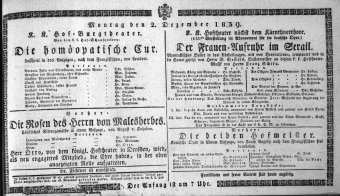 Theaterzettel (Oper und Burgtheater in Wien) 18391202 Seite: 1