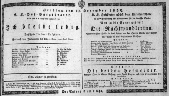 Theaterzettel (Oper und Burgtheater in Wien) 18391210 Seite: 1