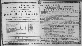 Theaterzettel (Oper und Burgtheater in Wien) 18391217 Seite: 1