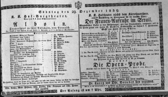 Theaterzettel (Oper und Burgtheater in Wien) 18391229 Seite: 1