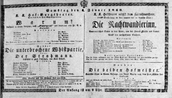 Theaterzettel (Oper und Burgtheater in Wien) 18400104 Seite: 1