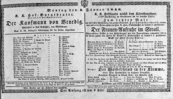 Theaterzettel (Oper und Burgtheater in Wien) 18400106 Seite: 1