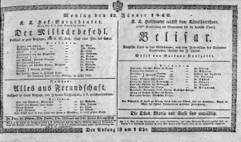Theaterzettel (Oper und Burgtheater in Wien) 18400113 Seite: 1