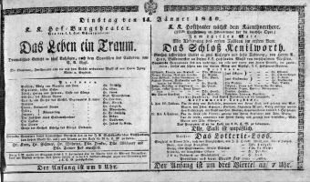 Theaterzettel (Oper und Burgtheater in Wien) 18400114 Seite: 1