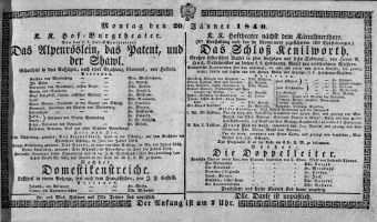 Theaterzettel (Oper und Burgtheater in Wien) 18400120 Seite: 1