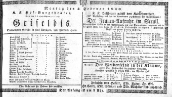 Theaterzettel (Oper und Burgtheater in Wien) 18400203 Seite: 1