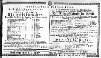 Theaterzettel (Oper und Burgtheater in Wien) 18400208 Seite: 1