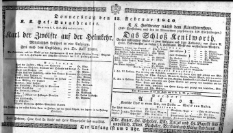 Theaterzettel (Oper und Burgtheater in Wien) 18400213 Seite: 1