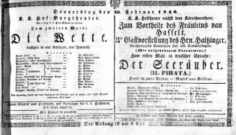 Theaterzettel (Oper und Burgtheater in Wien) 18400220 Seite: 1