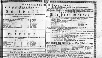 Theaterzettel (Oper und Burgtheater in Wien) 18400229 Seite: 1