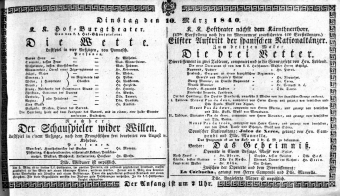 Theaterzettel (Oper und Burgtheater in Wien) 18400310 Seite: 1