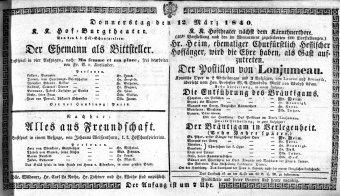 Theaterzettel (Oper und Burgtheater in Wien) 18400312 Seite: 1