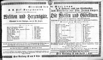 Theaterzettel (Oper und Burgtheater in Wien) 18400318 Seite: 1