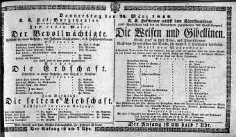 Theaterzettel (Oper und Burgtheater in Wien) 18400326 Seite: 1