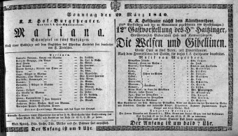 Theaterzettel (Oper und Burgtheater in Wien) 18400329 Seite: 1