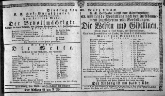 Theaterzettel (Oper und Burgtheater in Wien) 18400331 Seite: 1