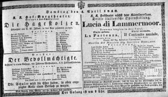 Theaterzettel (Oper und Burgtheater in Wien) 18400404 Seite: 1