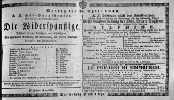 Theaterzettel (Oper und Burgtheater in Wien) 18400420 Seite: 1
