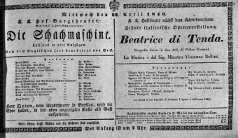 Theaterzettel (Oper und Burgtheater in Wien) 18400422 Seite: 1