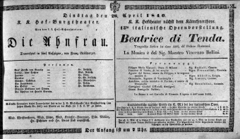 Theaterzettel (Oper und Burgtheater in Wien) 18400428 Seite: 1