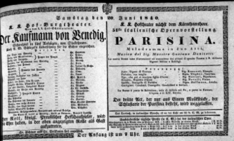 Theaterzettel (Oper und Burgtheater in Wien) 18400620 Seite: 1