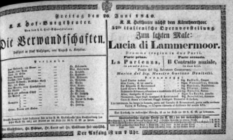 Theaterzettel (Oper und Burgtheater in Wien) 18400626 Seite: 1