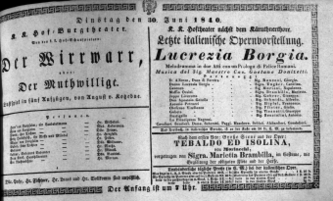 Theaterzettel (Oper und Burgtheater in Wien) 18400630 Seite: 1
