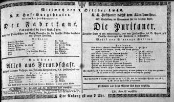Theaterzettel (Oper und Burgtheater in Wien) 18401007 Seite: 1