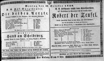 Theaterzettel (Oper und Burgtheater in Wien) 18401012 Seite: 1